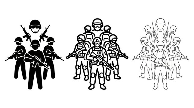 Military soldier icons in silhouette and line art styles