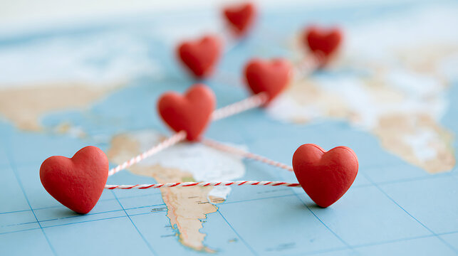 Red heart symbols connected with string on a world map background, conceptual image representing global love, travel connection and unity