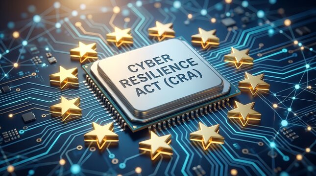 European Union Cyber Resilience Act (CRA) concept featuring a processor chip and golden stars.