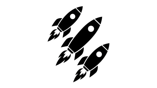 Three black rocket icons flying upward on white background