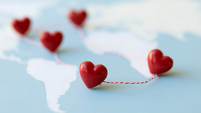 Red heart shape pins connected by thread on world map background, concept of global love connection, romance travel and human unity