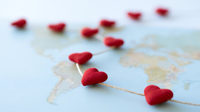 Red heart symbol path route on world map background, global love concept, international romance travel, passion destination connection