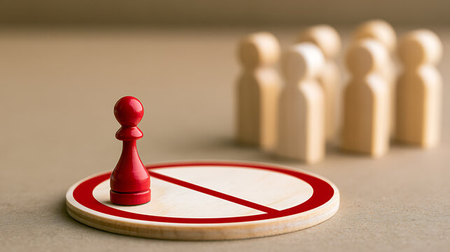 Red pawn standing inside red prohibition symbol isolated from wooden figures crowd symbolizing social exclusion, discrimination, and rejection