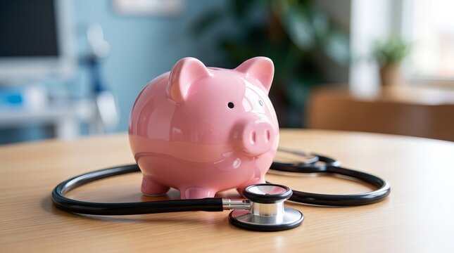 A pink piggy bank with a stethoscope illustrating healthcare cost and financial health management.