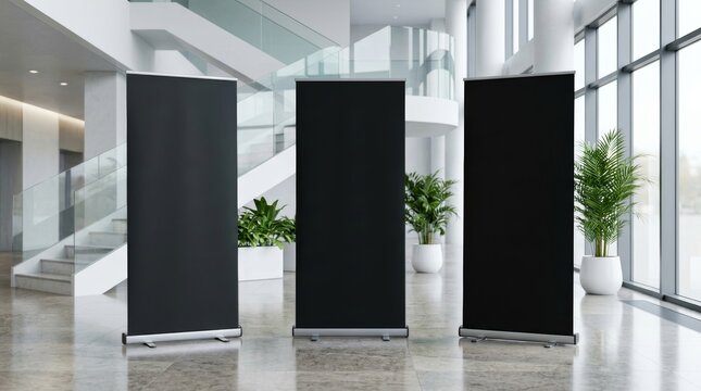 Three black blank roll up banners in a modern hallway with stairs and plants for exhibition mockup.