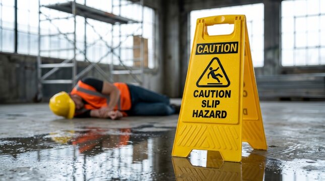 Yellow caution sign for slip hazard on a wet floor with a fallen worker in the background.