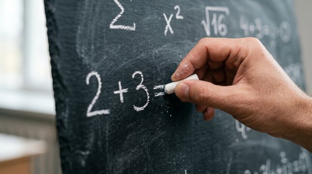 A person writing a basic arithmetic operation using white chalk on a dark slate surface.