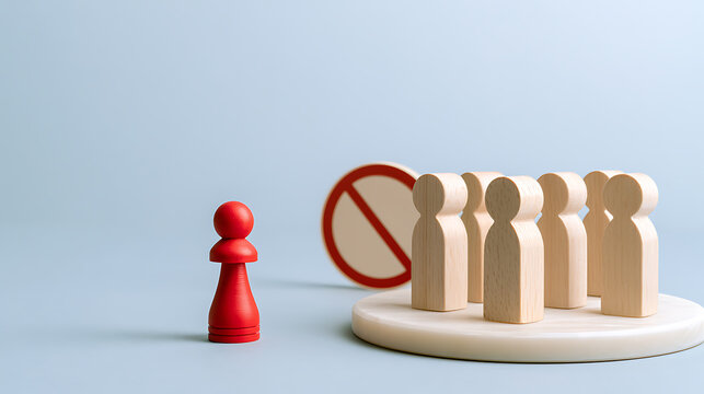 Red pawn standing apart from a group of wooden figures behind a prohibition sign, representing social exclusion, rejection, and isolation