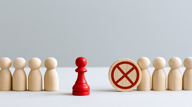 Red pawn standing out from a crowd of wooden figures with a prohibition sign, representing social exclusion, discrimination, and rejection