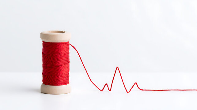 A single wooden spool of bright red thread on white background, with the thread unwound into a heart monitor pulse line shape or wave