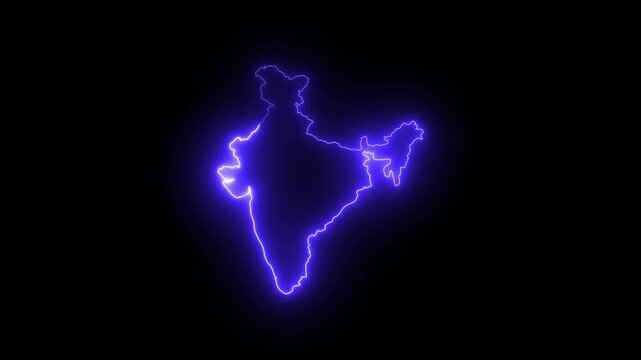 Glowing neon india map outline with pulsing light effect on black background