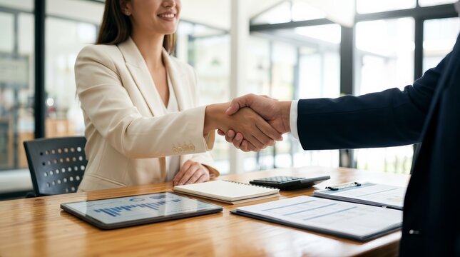 Happy financial advisor and banker shaking hands with client after business loan grant.