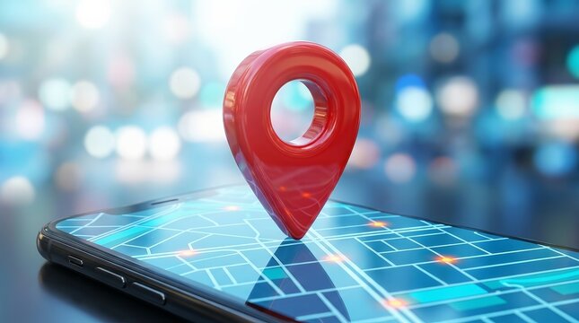 A red GPS map pin marker sits on a smartphone screen displaying a navigation map.