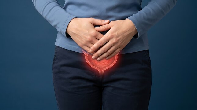 Person holding lower abdomen with red glowing bladder illustration