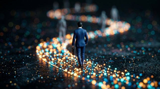 Miniature people walking along a glowing data path representing customer journey and user behavior.