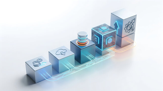Conceptual illustration of a digital data processing pipeline with interconnected blocks representing cloud storage, database management, and artificial intelligence, isolated on white background