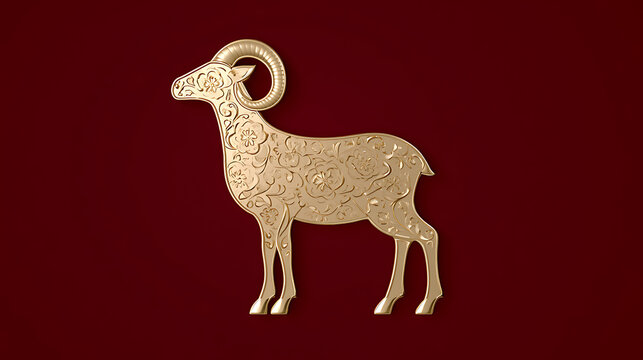 Aries zodiac sign symbol as a golden ram with floral pattern on dark red background, astrology and horoscope concept for web design