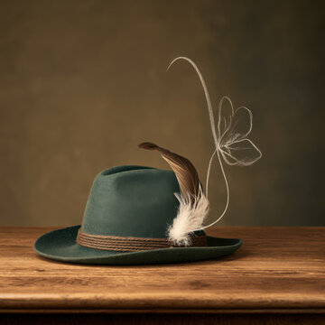 Green felt hat with feather decoration on wooden table  