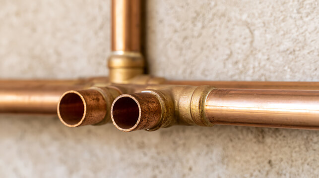New copper water pipe installation with soldered T-joint fittings on a concrete wall background for modern residential plumbing renovation work