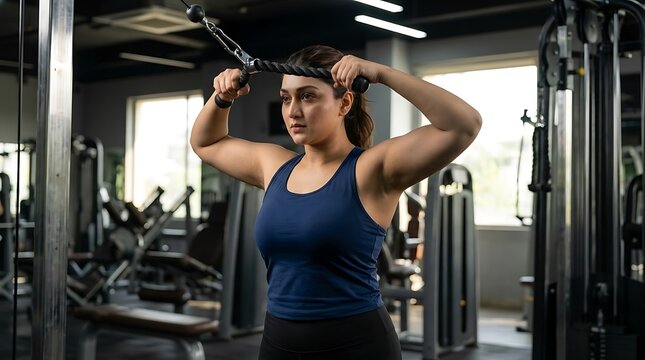 Fit woman performing tricep cable pushdown exercise in modern gym center.
