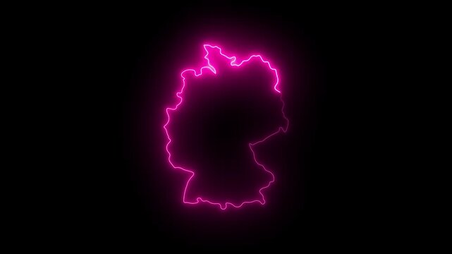 Neon glowing map of germany outline, pulsing pink light silhouette on black background