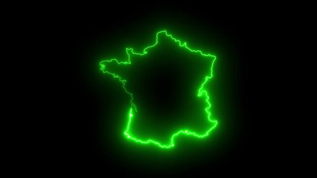 Glowing neon france map outline animation on black background, digital country border concept