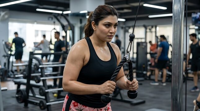Focused woman performing triceps pushdown exercise in a modern gym.