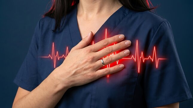 Healthcare professional in blue scrubs with glowing red heartbeat