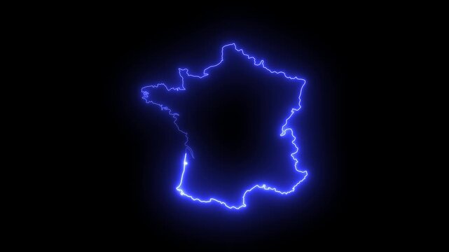 Glowing neon outline map of france, pulsing blue light effect on black background, digital geography concept