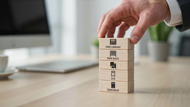 Data storage infrastructure hierarchy displayed on wooden blocks featuring tape library and drive technology