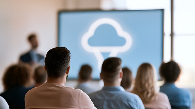 Business people attend modern conference presentation in corporate office seminar room with large screen showing cloud computing technology concept