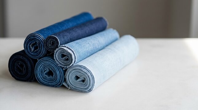 Rolled Denim Fabric Samples in Varying Blue Hues Stacked in Studio with Copy Space