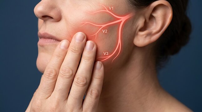 Woman Touching Jaw in Pain with Trigeminal Nerve Diagram Overlay