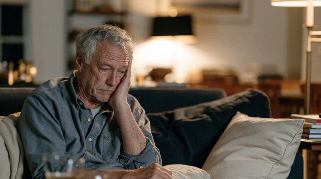 Nighttime scene of an elderly man sitting alone on a darkened sofa, unable to sleep, shadowy living room around him, sundowning behavior, Alzheimer's nighttime confusion,