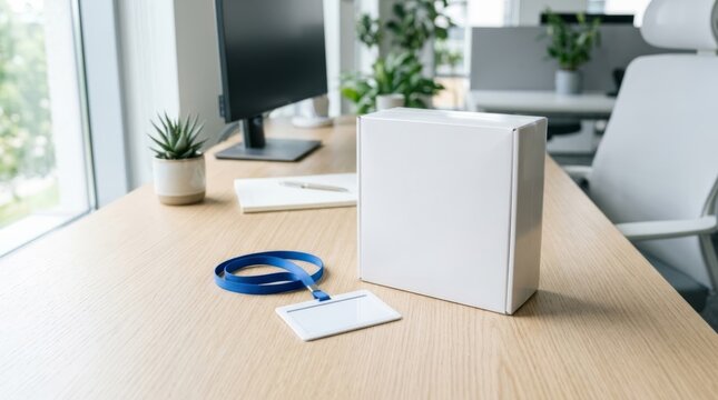 New hire onboarding kit with blank badge and box on modern office desk, ready for first day at work