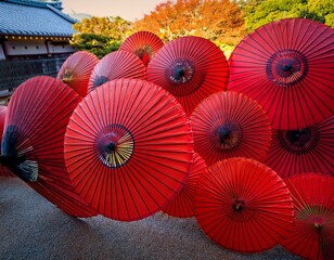 Obraz premium red paper parasols on display arashiyama kyoto japan