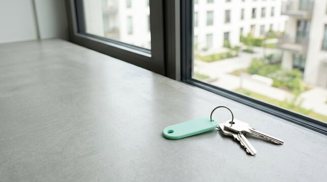 New apartment keys on a concrete windowsill with view of modern courtyard buildings, symbolizing homeownership and new beginnings.
