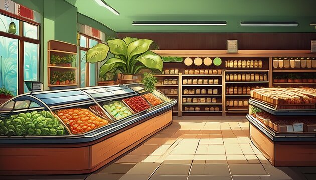a store with a lot of food and a plant in the corner
