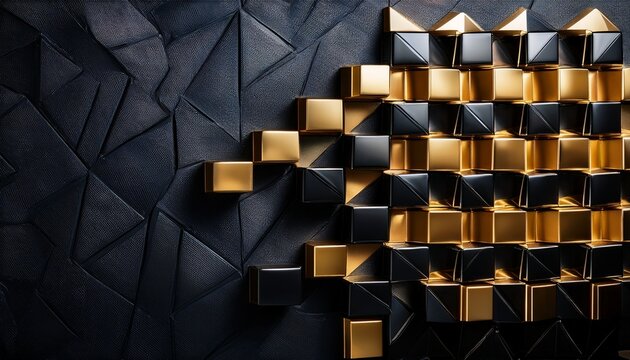 glossy black and gold cubes arranged in geometric composition on dark textured wall