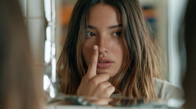 Colombian teenage girl standing in front of a cracked bathroom mirror, tracing her own reflection with one fingertip, self-identity exploration, body image awareness, adolescent