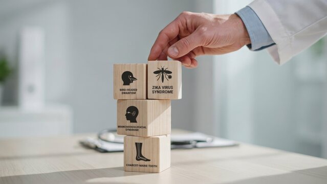 Physician hand building block pyramid with rare syndrome names on office desk