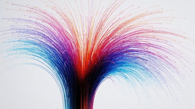 Abstract digital illustration shows colorful data streams flowing upward. Vibrant rainbow lines create explosive motion effect on white background. Glowing fiber optic cables light trails symbolize