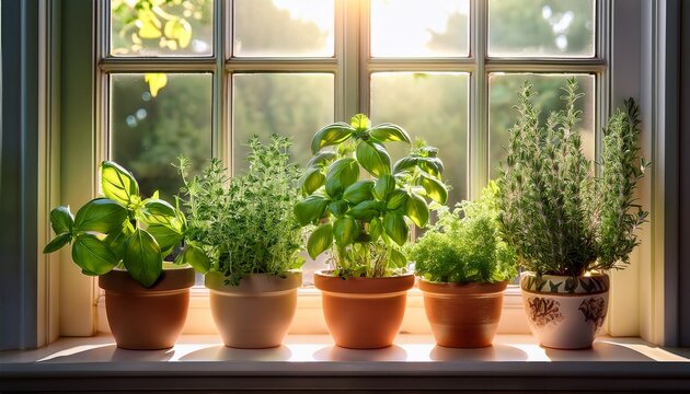 sunlit windowsill with potted culinary herbs including basil rosemary mint and thyme in ceramic pots
