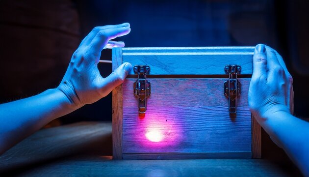 hands reveal hidden uv message with blacklight on a wooden puzzle box in an escape room style mystery scene