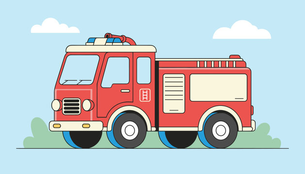 Flat vector cartoon illustration of a red fire truck with sirens parked on green grass against a light blue sky.