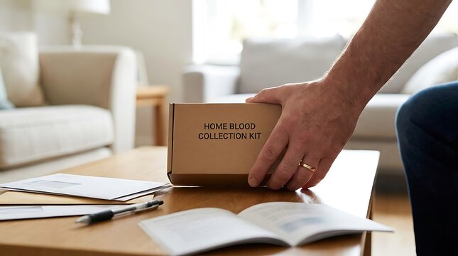 Close-up of a person's hand placing a home blood collection kit box
