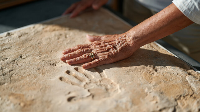 A close-up of an elderly woman's hand resting on a pressed handprint made in clay decades earlier by a child, both impressions framed together on a living room wall as a tangible