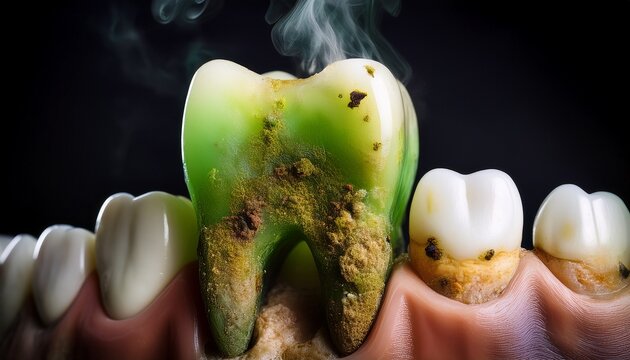 heavy yellow plaque and tartar buildup on a molar halitosis and poor oral hygiene consequences noxious green fumes rising from a dirty tooth causing severe bad breath