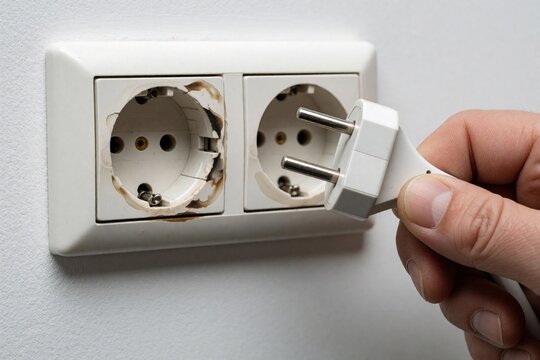 Hand holds plug near damaged electrical socket. Burned outlet shows fire risk from faulty wiring or power surge. Urgent need for home repair and safety check.