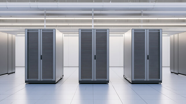 Modern data center interior with row of server racks, organized technology infrastructure in clean commercial facility, information storage sys